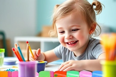 Child happily creating art with creative kit