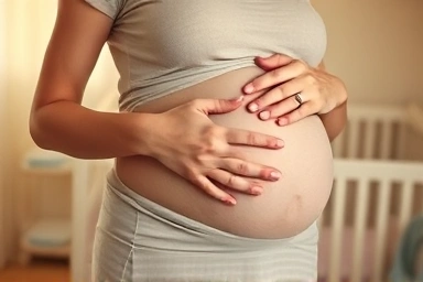 Pregnant woman in soft light, feeling hopeful and cared for.