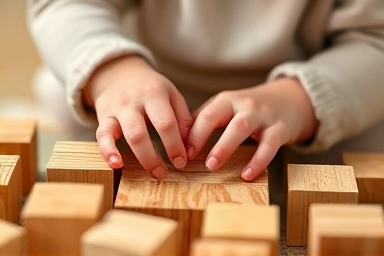 Toddler's hands playing with natural hinoki cypress wood cubes.