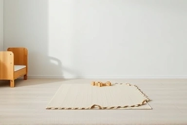 Serene nursery with hinoki cypress cubes, promoting calm.