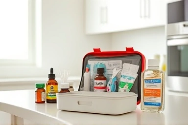 Organized home first-aid kit with essential medical supplies.