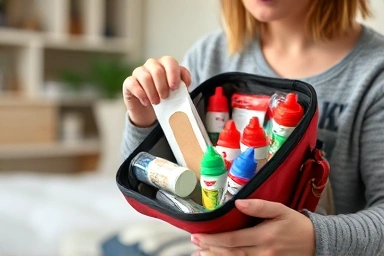 Parent preparing a portable first-aid kit for child safety.