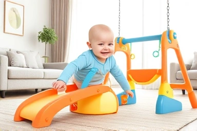 Toddler enjoying safe indoor playground slide and swing.
