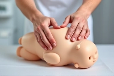 Infant CPR manikin with adult hands performing chest compressions.
