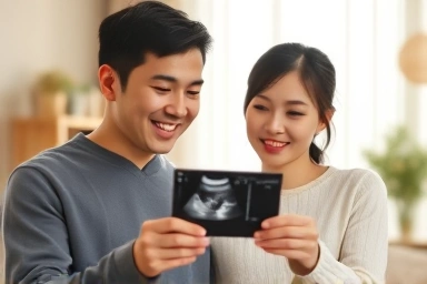 Hopeful Korean couple dreaming of family with ultrasound
