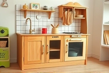 Play kitchen with subtle signs of wear and tear