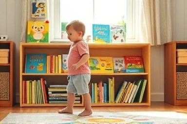 Child reaching for book on low front-facing bookshelf
