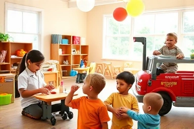 Children joyfully playing pretend jobs in a bright, engaging playroom.
