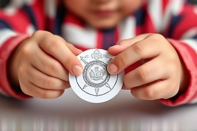 Child's hands meticulously crafting a pretend play job kit, focusing on detail.