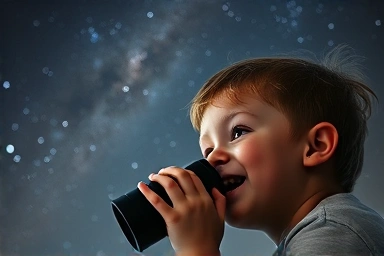 Child looking through telescope at starry night sky