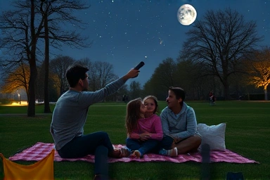 Family stargazing with a telescope in the night
