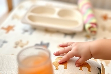 Child's hand reaching for a soft kindergarten nap mat.