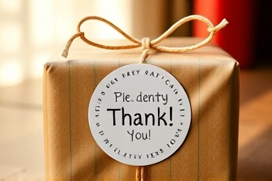 Custom sticker on a child's party gift box, showing appreciation.