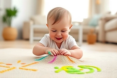 Toddler joyfully playing with kinetic sand indoors