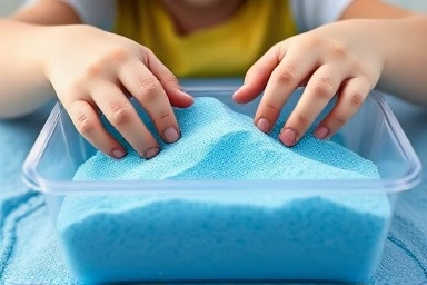 Close-up of child's hands shaping kinetic sand