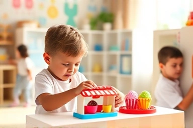 Children happily playing with Kongsoon toy ice cream shop and refrigerator.