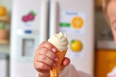 Child's hands develop fine motor skills with toy ice cream, learning from toy fridge.