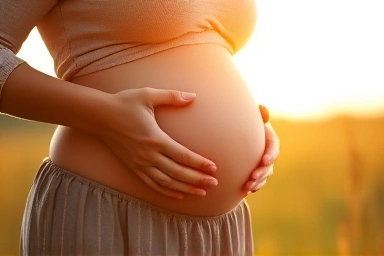 Pregnant woman anticipating childbirth with gentle touch.