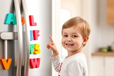 Child learning English letters with magnetic toys