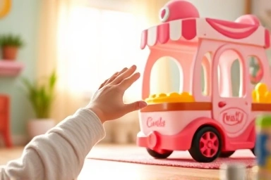 Child playing with toy ice cream cart, learning and joy.