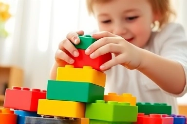 Toddler's hands building with colorful LEGO Duplo blocks.