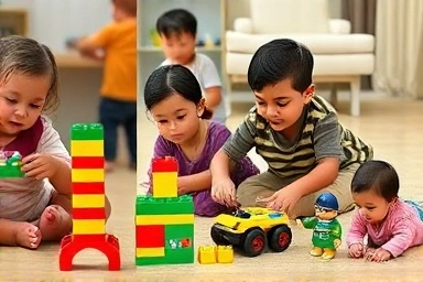 Children creatively playing and learning with LEGO Duplo.