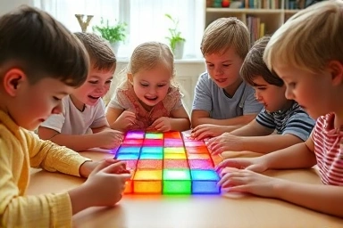 Children playing Lumicube, developing strategic thinking and cognitive skills.