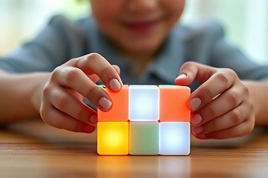 Close-up of hands arranging Lumicube tiles, illustrating problem-solving.