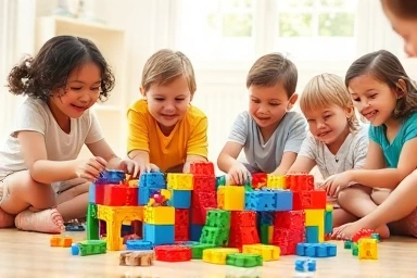 Children building colorful magnetic blocks, engaged and creative play.