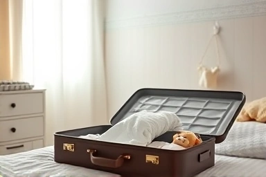 Serene nursery room with a packed maternity hospital bag.