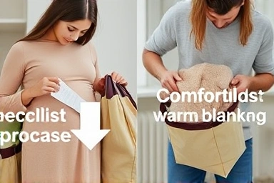 Pregnant woman and partner preparing hospital bags together.