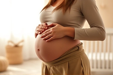 Pregnant woman feeling comfort in serene nursery.