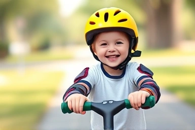 Child riding scooter with helmet and pads