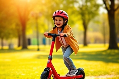 Child happily riding a red Micro Kickboard Maxi Deluxe scooter.