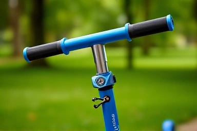Close-up of Micro Kickboard Maxi Deluxe scooter handlebars and LED wheels.