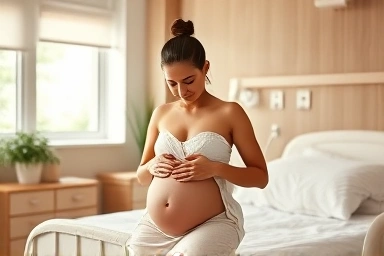 Serene natural childbirth hospital room, empowered pregnant woman.