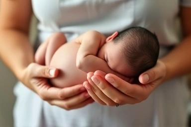 Midwife's gentle hands supporting newborn baby, natural birth.