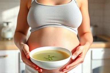 Pregnant woman peacefully eating light soup for nausea relief.