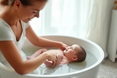 Mother bathing newborn baby gently in a clean basin.