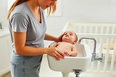 Parent comfortably using baby bidet for newborn hygiene.