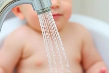 Gentle water spray from baby bidet on baby's skin.