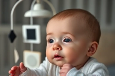 Newborn baby focusing on black and white mobile.