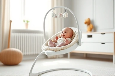 Baby in a comfortable, safe newborn bouncer, nursery setting.