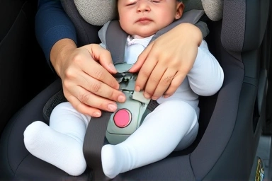 Parent securing baby in a rotating car seat for safety