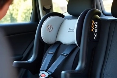 Newborn car seat securely installed in car backseat.