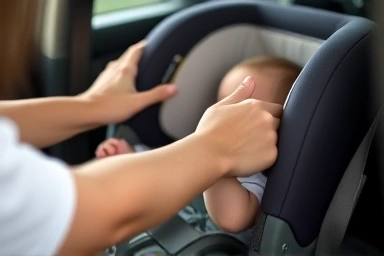 Parent adjusting car seat angle for infant safety.