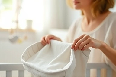 Soft baby clothes folded neatly in a warm nursery.