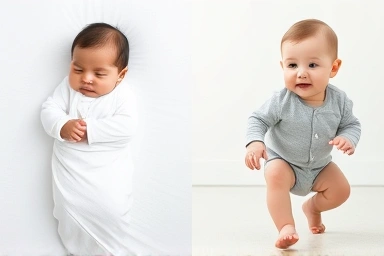 Newborn in gown transitioning to active baby in bodysuit.