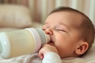 Newborn baby drinking from anti-colic bottle in cozy nursery.