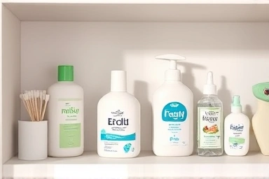 Organized nursery shelf with baby hygiene essentials.